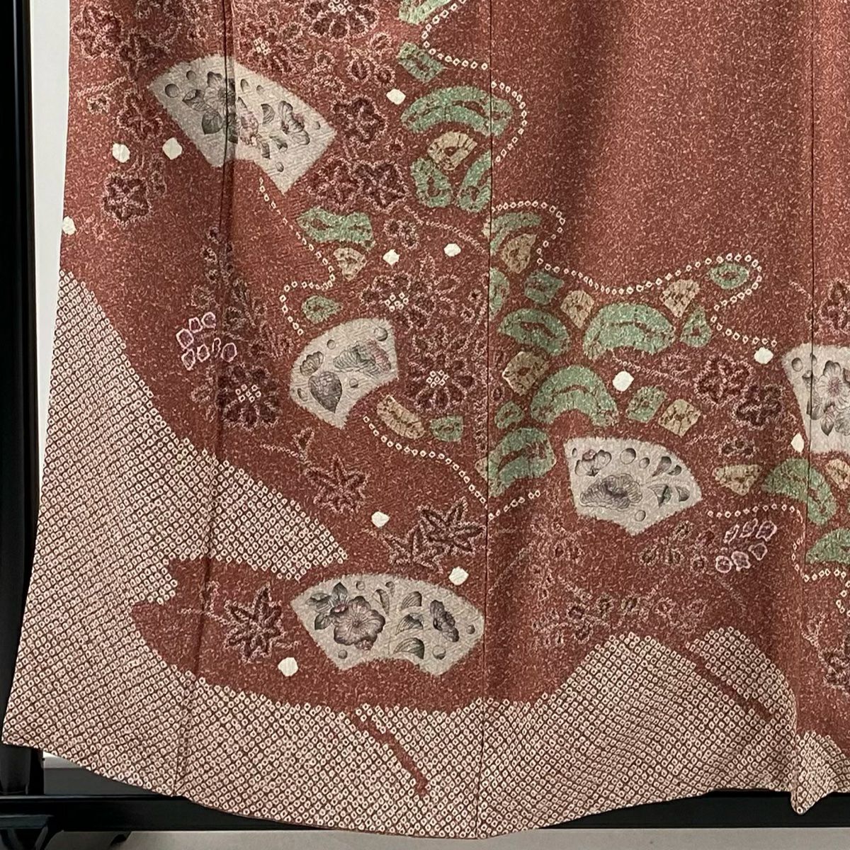 【庫存清倉】訪問服 身長158cm 袖長64.5cm M 雙層 扇子面 草花紋紋 絞染 紅紫 純蠶絲 優品級