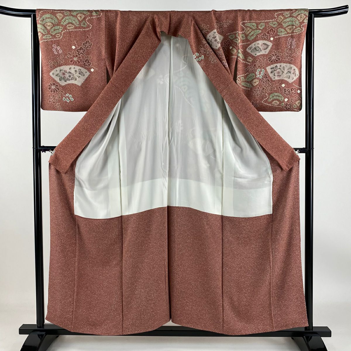 【庫存清倉】訪問服 身長158cm 袖長64.5cm M 雙層 扇子面 草花紋紋 絞染 紅紫 純蠶絲 優品級