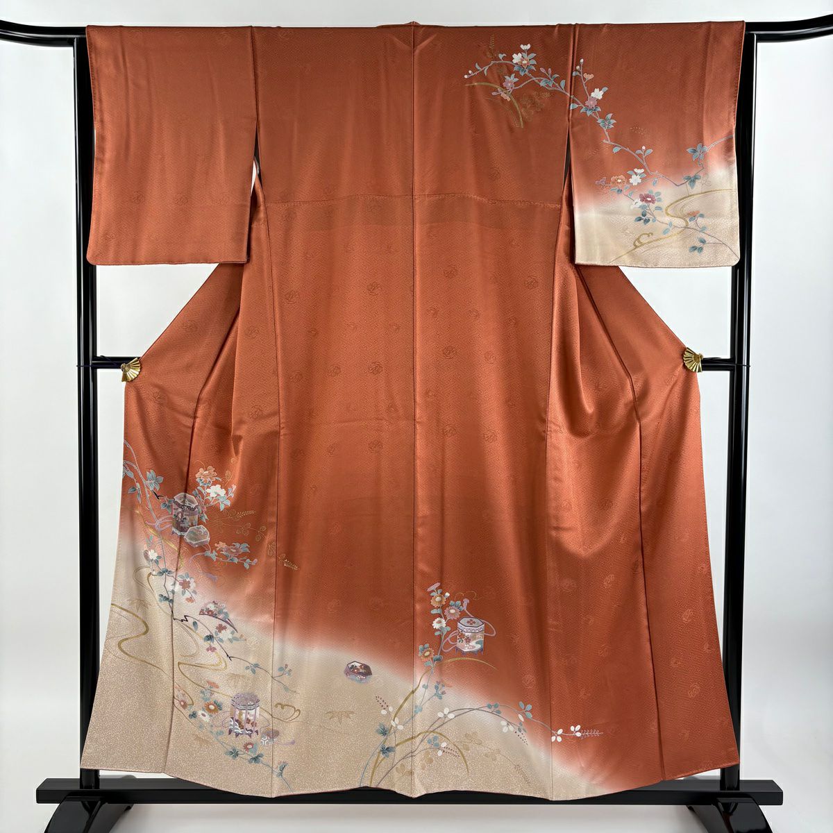 【庫存清倉】訪問服 身長156.5cm 袖長63.5cm S 雙層 貝桶 枝花 金彩裝飾 漸層 橙色 純蠶絲 美品 秀品級