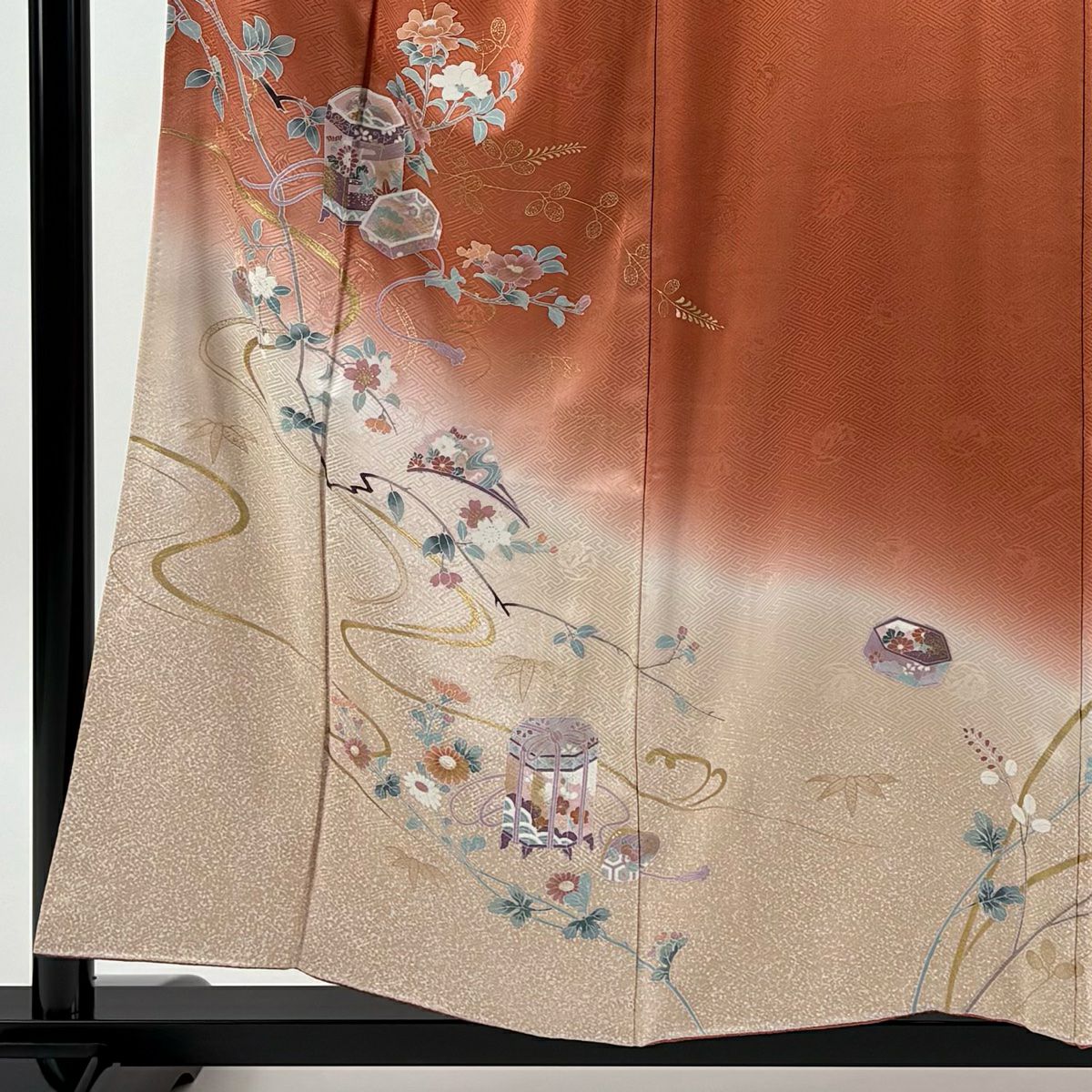 【庫存清倉】訪問服 身長156.5cm 袖長63.5cm S 雙層 貝桶 枝花 金彩裝飾 漸層 橙色 純蠶絲 美品 秀品級