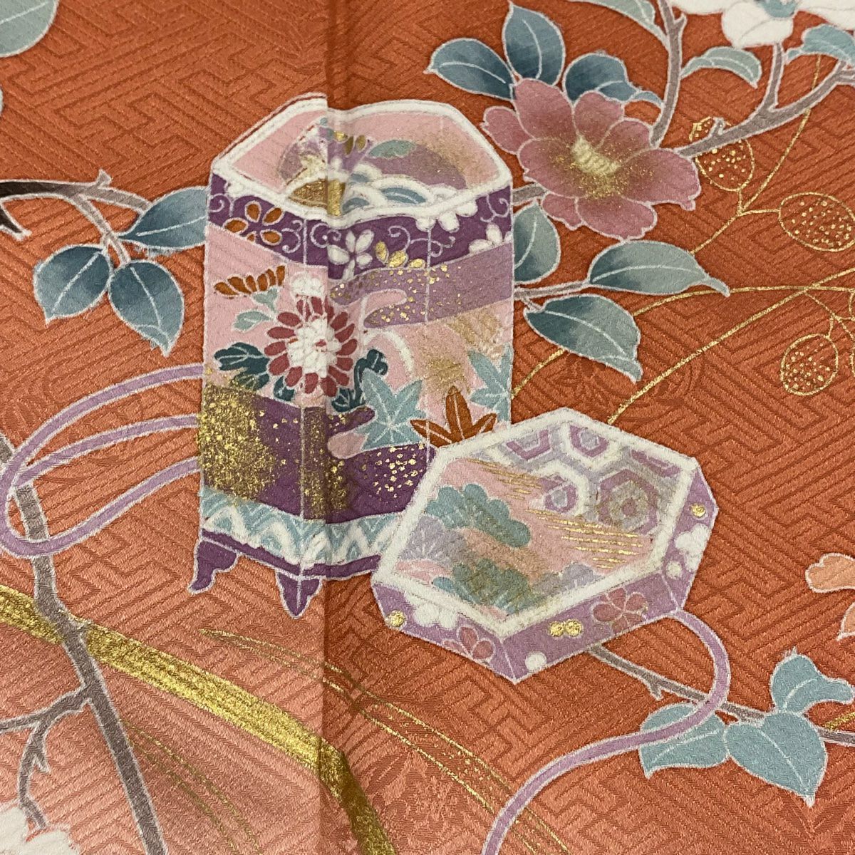 【庫存清倉】訪問服 身長156.5cm 袖長63.5cm S 雙層 貝桶 枝花 金彩裝飾 漸層 橙色 純蠶絲 美品 秀品級