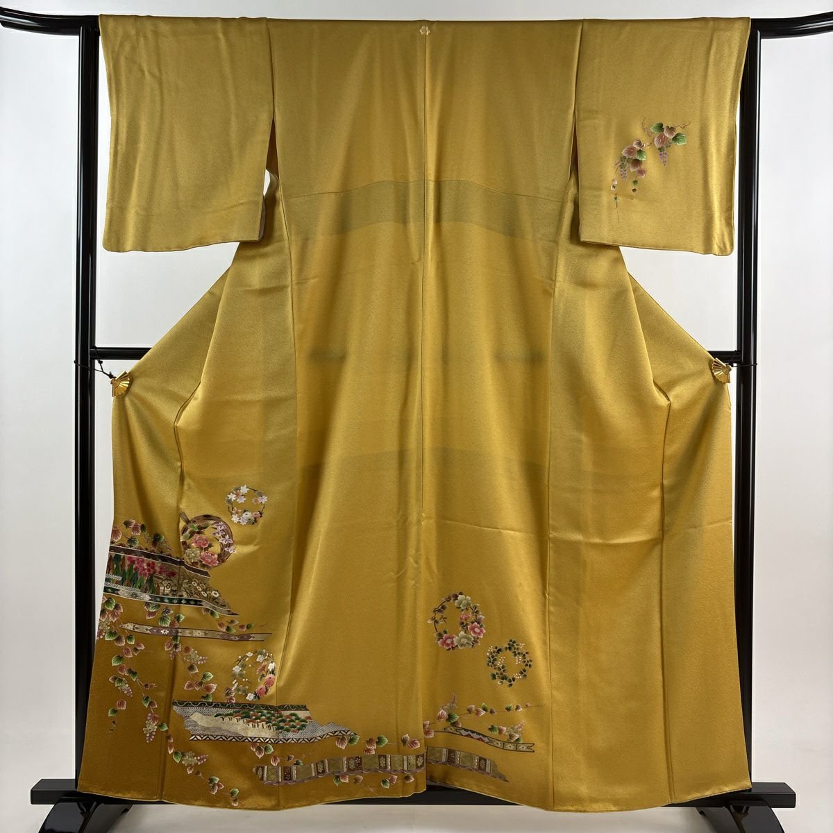 【庫存清倉】訪問服 身長159cm 袖長63cm S 雙層 花丸紋 花鳥 金銀彩 黃土 茶 純蠶絲 優品級 一個紋