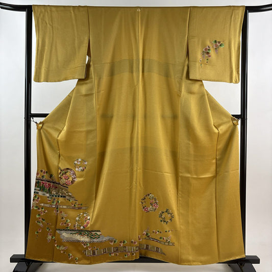 【庫存清倉】訪問服 身長159cm 袖長63cm S 雙層 花丸紋 花鳥 金銀彩 黃土 茶 純蠶絲 優品級 一個紋