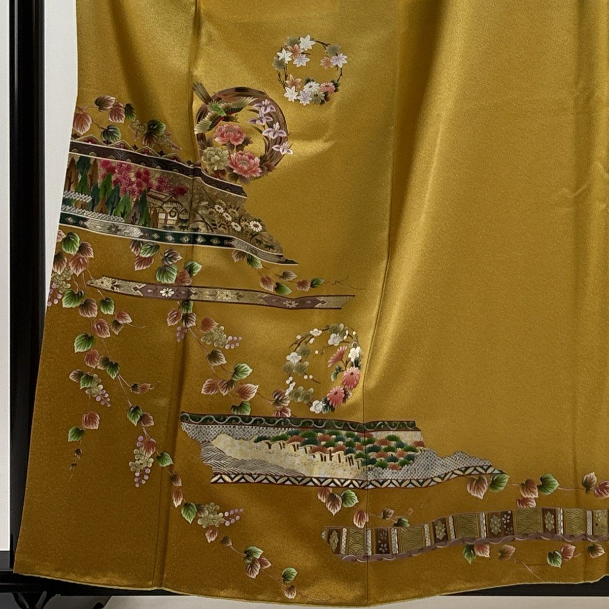 【庫存清倉】訪問服 身長159cm 袖長63cm S 雙層 花丸紋 花鳥 金銀彩 黃土 茶 純蠶絲 優品級 一個紋