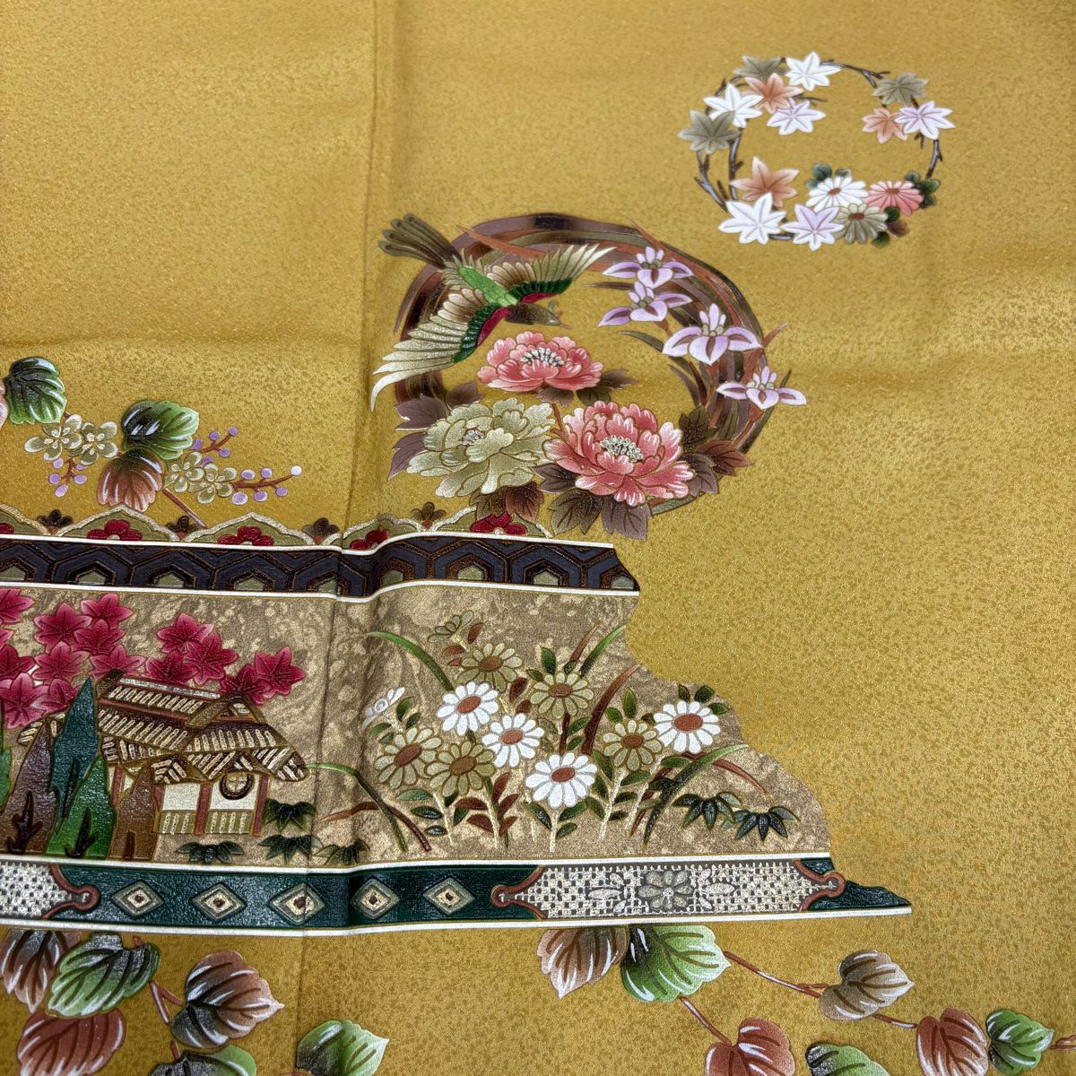 【庫存清倉】訪問服 身長159cm 袖長63cm S 雙層 花丸紋 花鳥 金銀彩 黃土 茶 純蠶絲 優品級 一個紋