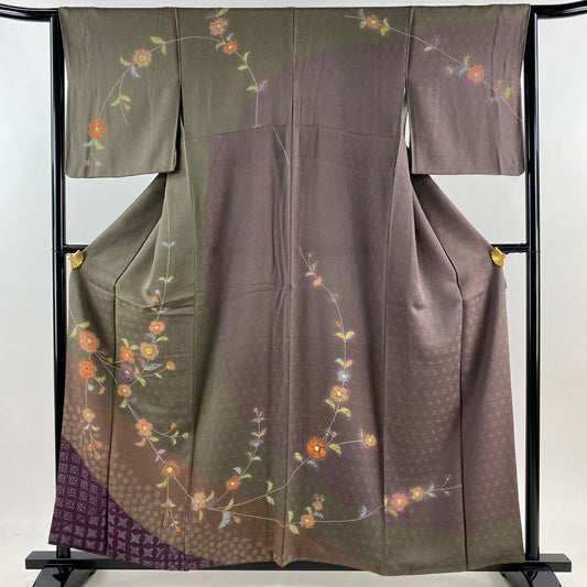 【庫存清倉】訪問服 身長158.5cm 袖長64cm M 雙層 草花紋紋 幾何學 茶綠 純蠶絲 優品級