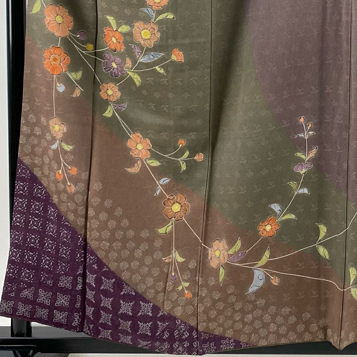 【庫存清倉】訪問服 身長158.5cm 袖長64cm M 雙層 草花紋紋 幾何學 茶綠 純蠶絲 優品級