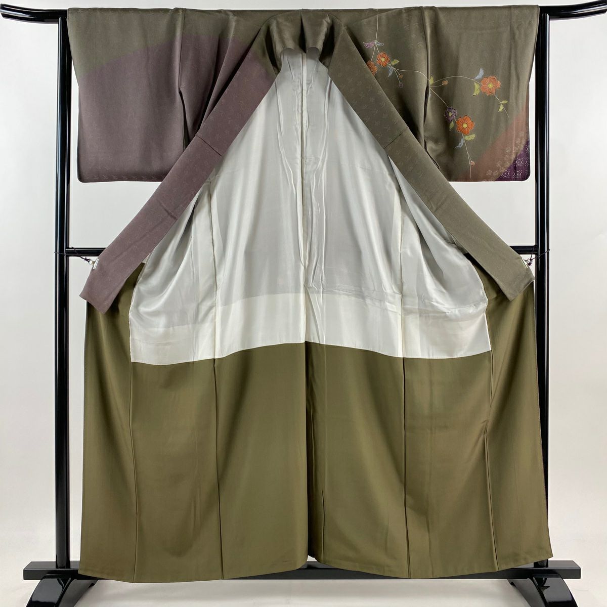 【庫存清倉】訪問服 身長158.5cm 袖長64cm M 雙層 草花紋紋 幾何學 茶綠 純蠶絲 優品級