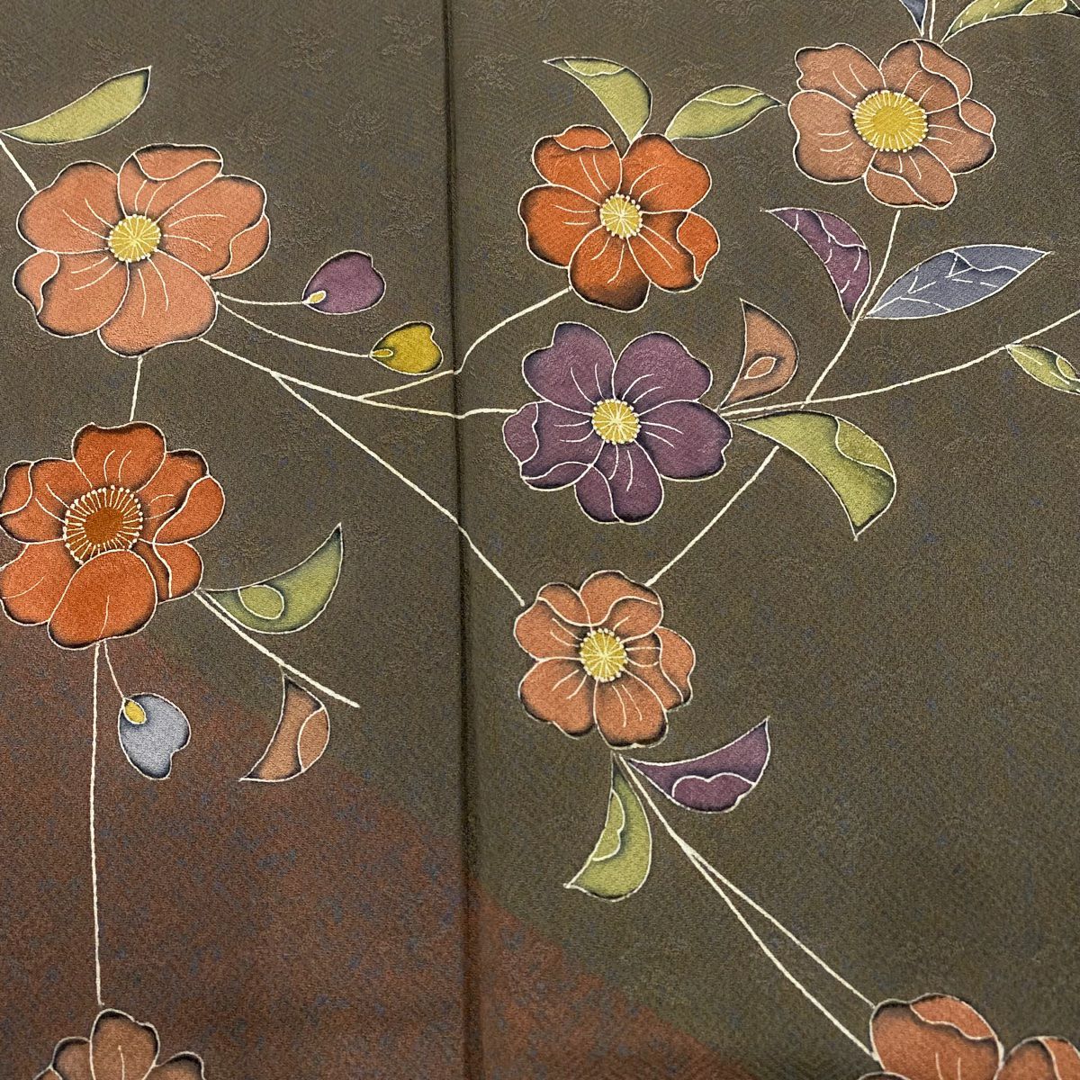 【庫存清倉】訪問服 身長158.5cm 袖長64cm M 雙層 草花紋紋 幾何學 茶綠 純蠶絲 優品級
