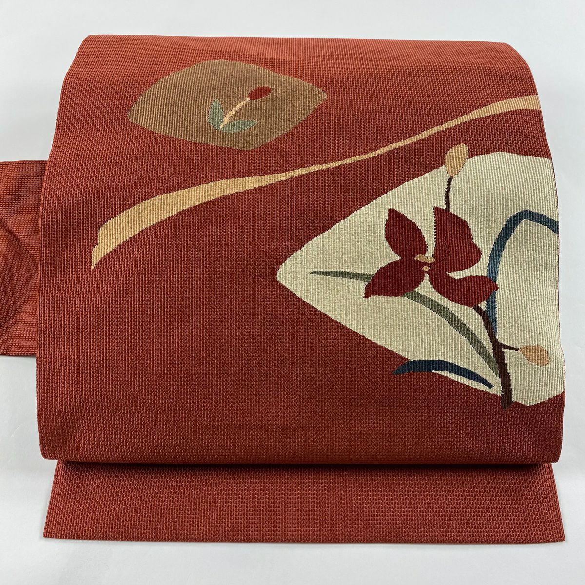 【庫存清倉】 名古屋帶 美品 秀品級 草花紋 紅茶 純蠶絲