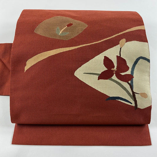 【庫存清倉】 名古屋帶 美品 秀品級 草花紋 紅茶 純蠶絲