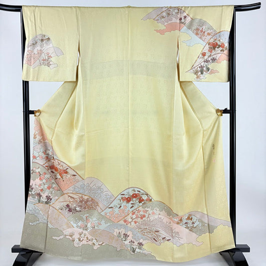 訪問服 身長162.5cm 袖長66cm M 雙層 藤井寛 落款あり 菊花 山並 金絲 金銀彩 淡黃 純蠶絲 逸品級