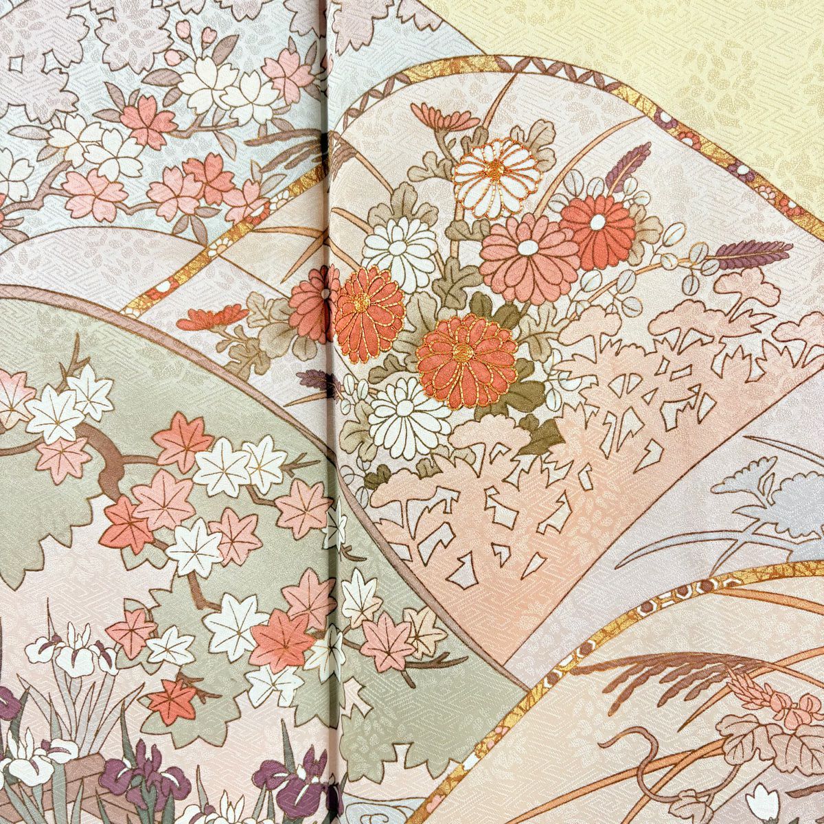 訪問服 身長162.5cm 袖長66cm M 雙層 藤井寛 落款あり 菊花 山並 金絲 金銀彩 淡黃 純蠶絲 逸品級
