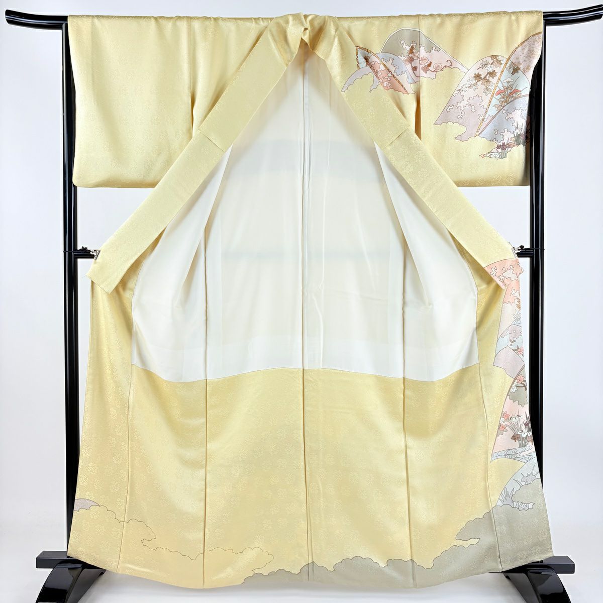 訪問服 身長162.5cm 袖長66cm M 雙層 藤井寛 落款あり 菊花 山並 金絲 金銀彩 淡黃 純蠶絲 逸品級