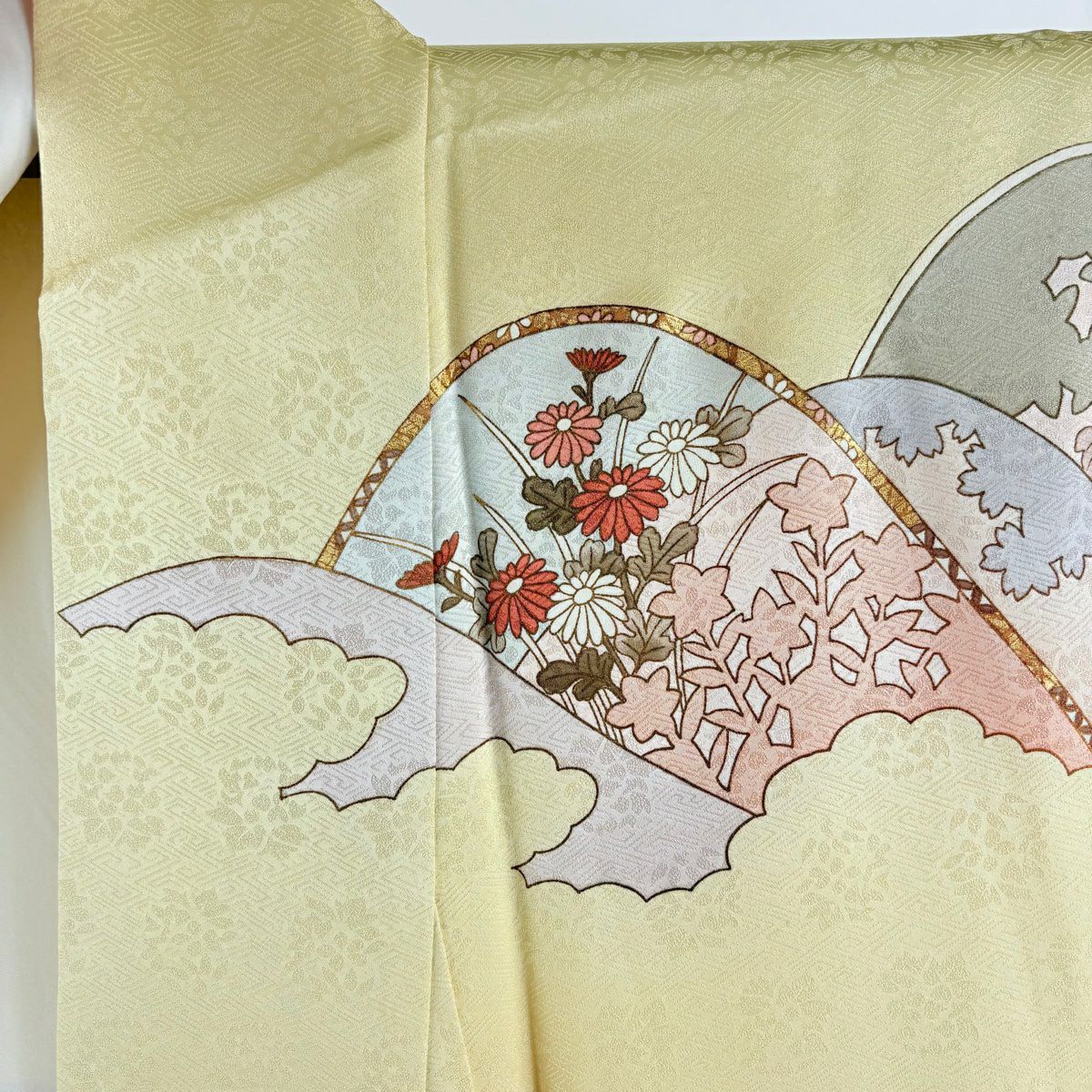 訪問服 身長162.5cm 袖長66cm M 雙層 藤井寛 落款あり 菊花 山並 金絲 金銀彩 淡黃 純蠶絲 逸品級