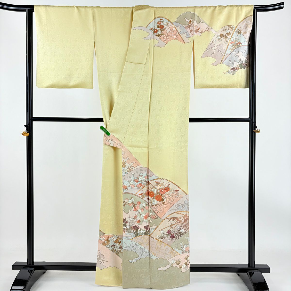 訪問服 身長162.5cm 袖長66cm M 雙層 藤井寛 落款あり 菊花 山並 金絲 金銀彩 淡黃 純蠶絲 逸品級