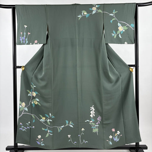 【庫存清倉】訪問服 身長157cm 袖長64cm M 雙層 椿 草花紋紋 拉麵金金箔 金絲 深綠 純蠶絲 優品級