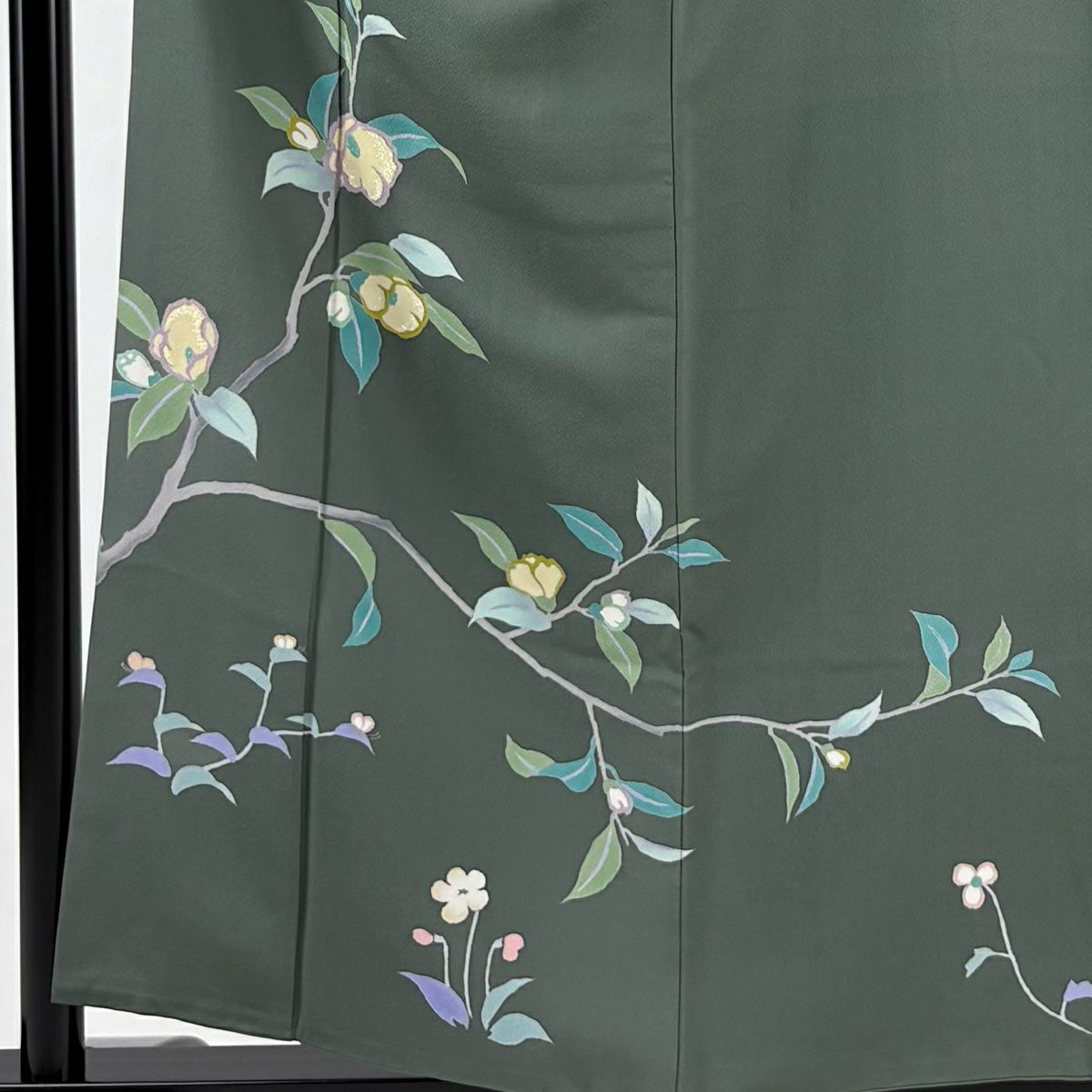 【庫存清倉】訪問服 身長157cm 袖長64cm M 雙層 椿 草花紋紋 拉麵金金箔 金絲 深綠 純蠶絲 優品級