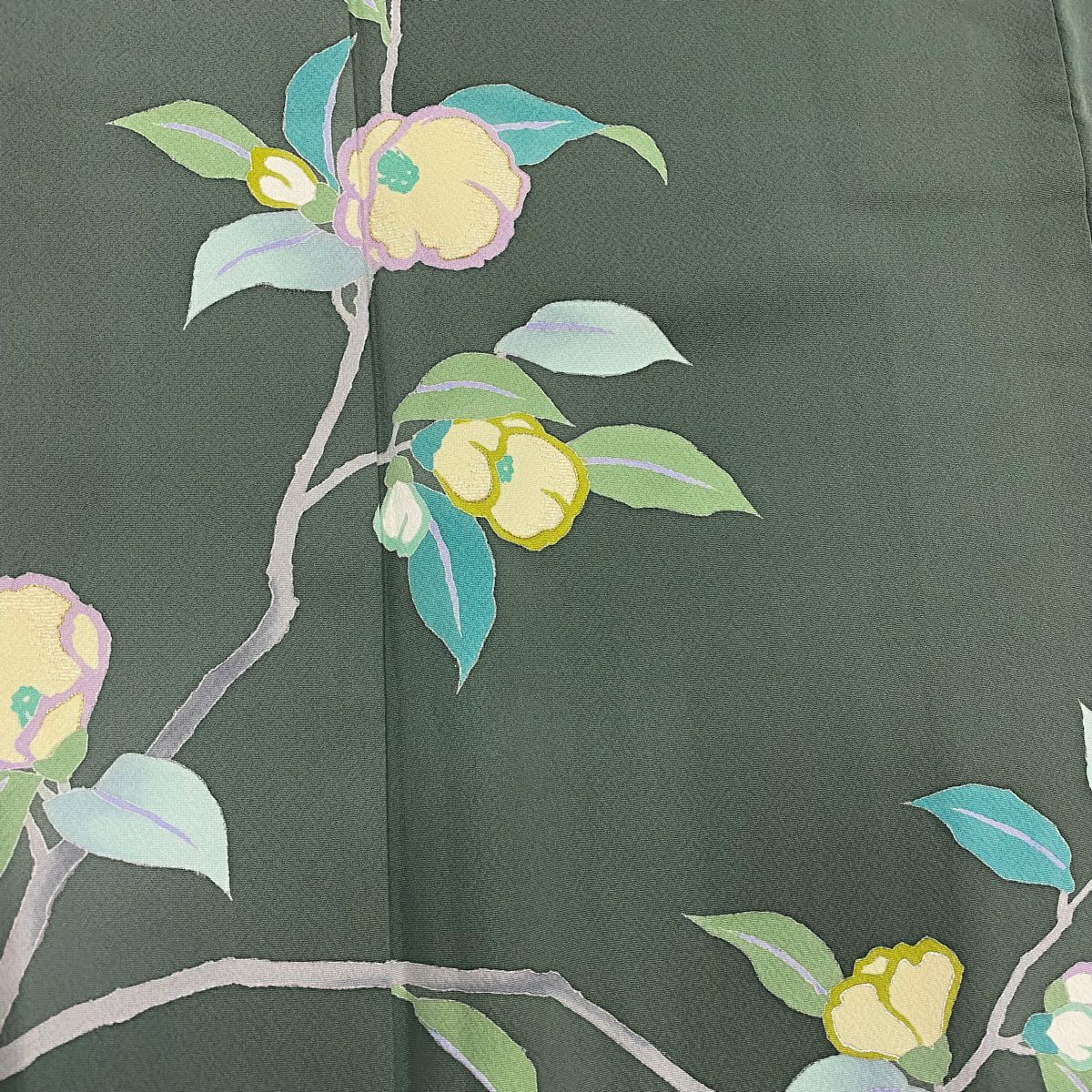 【庫存清倉】訪問服 身長157cm 袖長64cm M 雙層 椿 草花紋紋 拉麵金金箔 金絲 深綠 純蠶絲 優品級