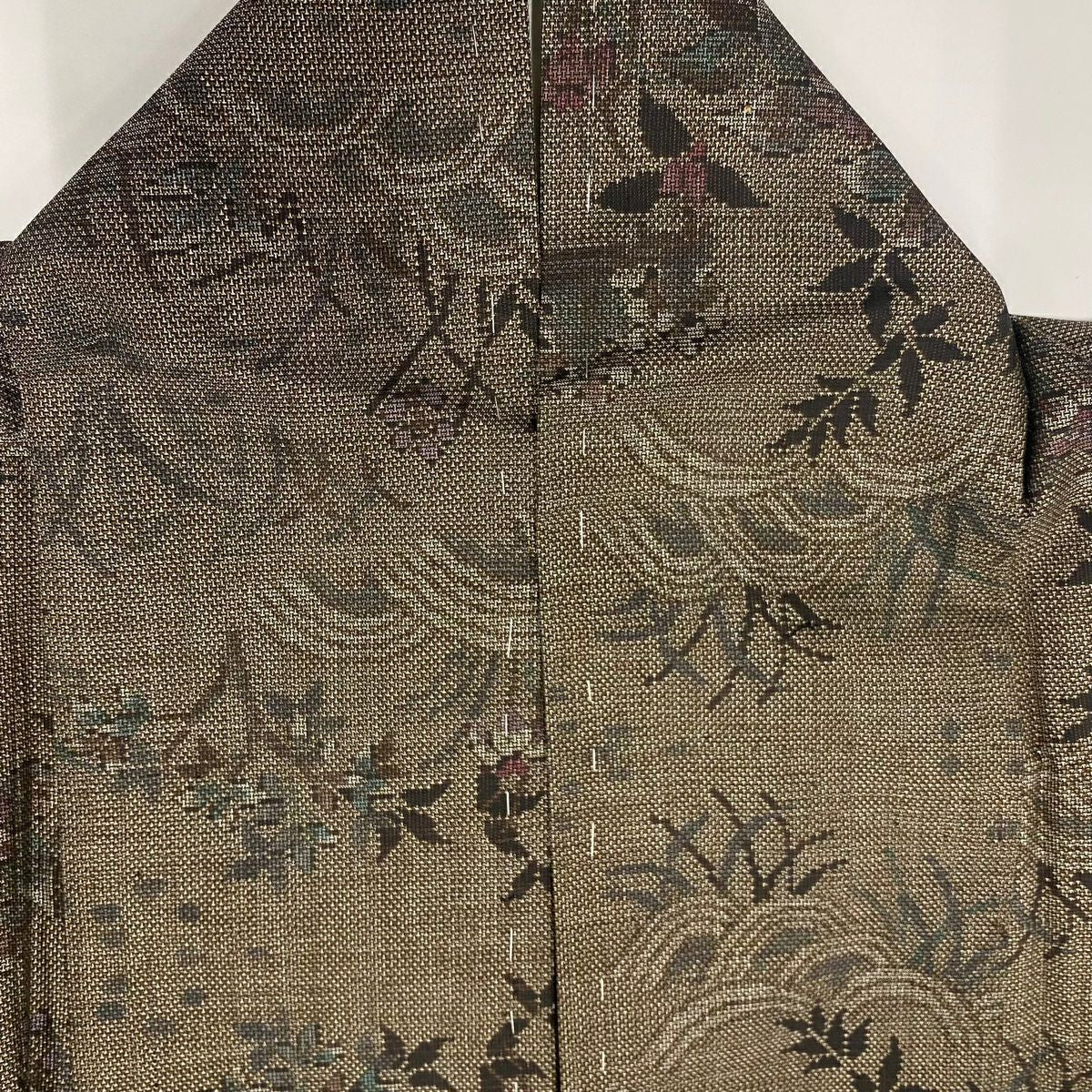 【庫存清倉】 紬織 身長158.5cm 袖長65cm M 雙層 草花紋紋 波 焦茶 純蠶絲 美品 秀品級