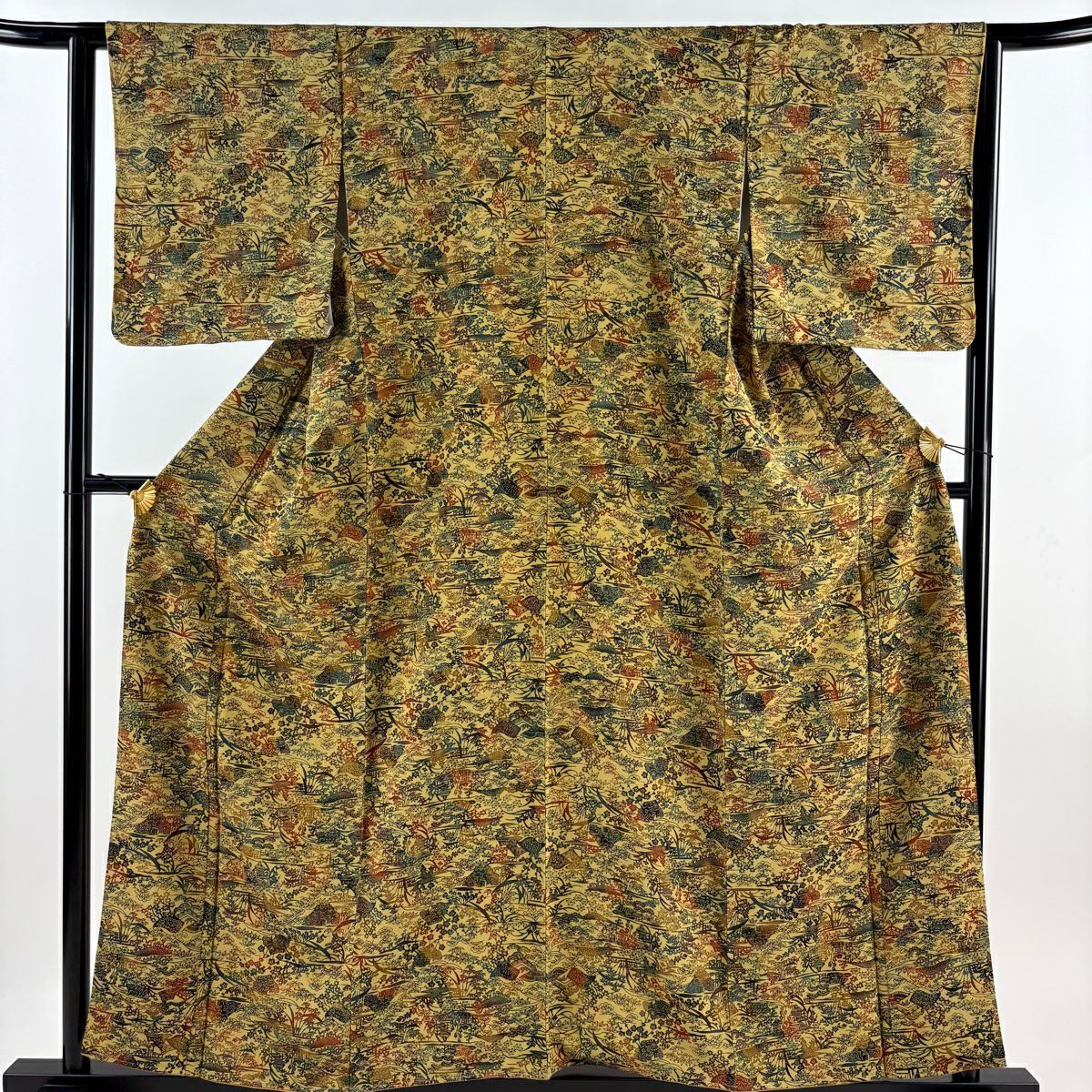 【庫存清倉】 小紋 身長157.5cm 袖長63.5cm S 雙層 建物 松樹 米色 純蠶絲 美品 秀品級