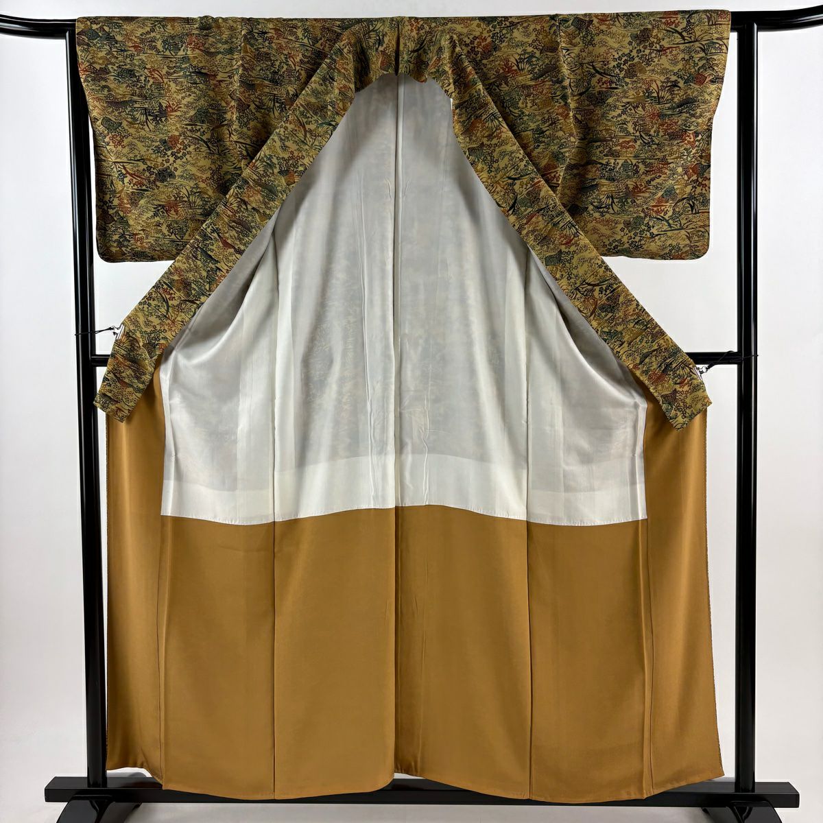 【庫存清倉】 小紋 身長157.5cm 袖長63.5cm S 雙層 建物 松樹 米色 純蠶絲 美品 秀品級