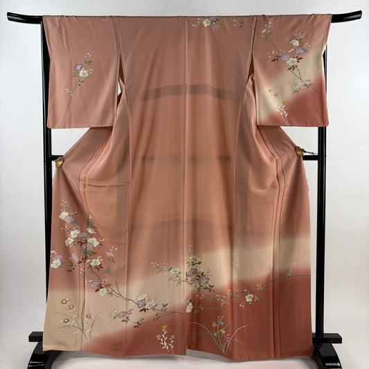 【庫存清倉】訪問服 身長166cm 袖長68cm L 雙層 落款有 枝花 草花紋 金絲 金銀彩 鮭粉色 純蠶絲 優品級
