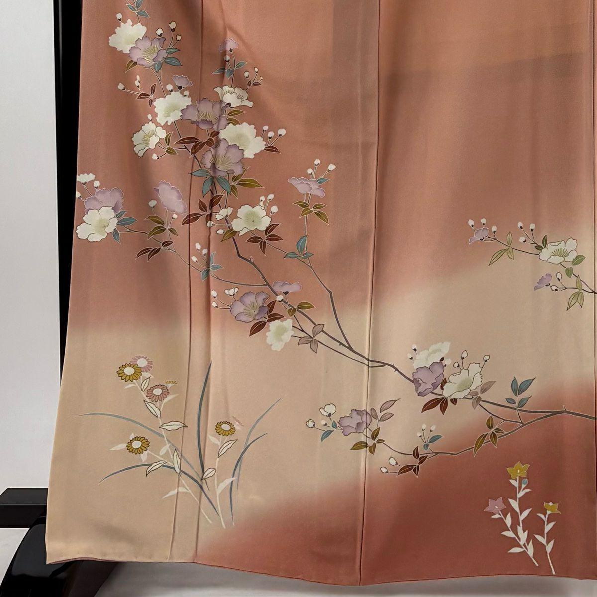 【庫存清倉】訪問服 身長166cm 袖長68cm L 雙層 落款有 枝花 草花紋 金絲 金銀彩 鮭粉色 純蠶絲 優品級