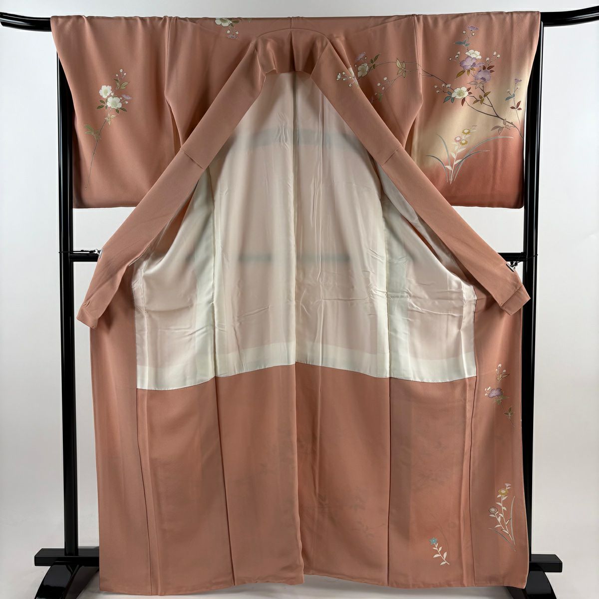 【庫存清倉】訪問服 身長166cm 袖長68cm L 雙層 落款有 枝花 草花紋 金絲 金銀彩 鮭粉色 純蠶絲 優品級