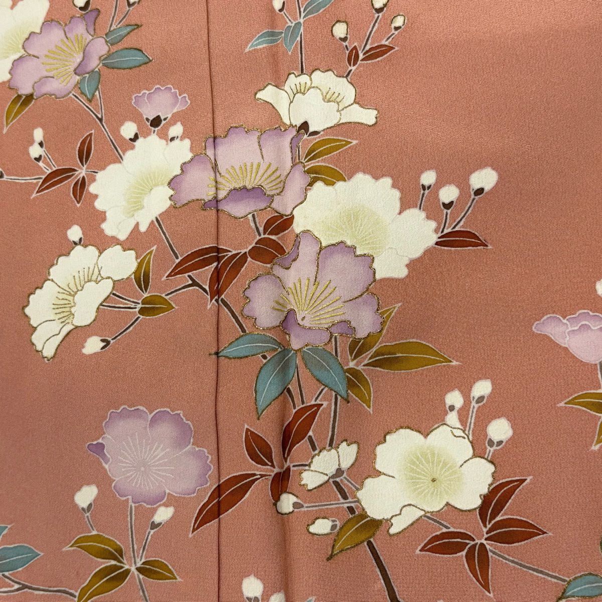 【庫存清倉】訪問服 身長166cm 袖長68cm L 雙層 落款有 枝花 草花紋 金絲 金銀彩 鮭粉色 純蠶絲 優品級