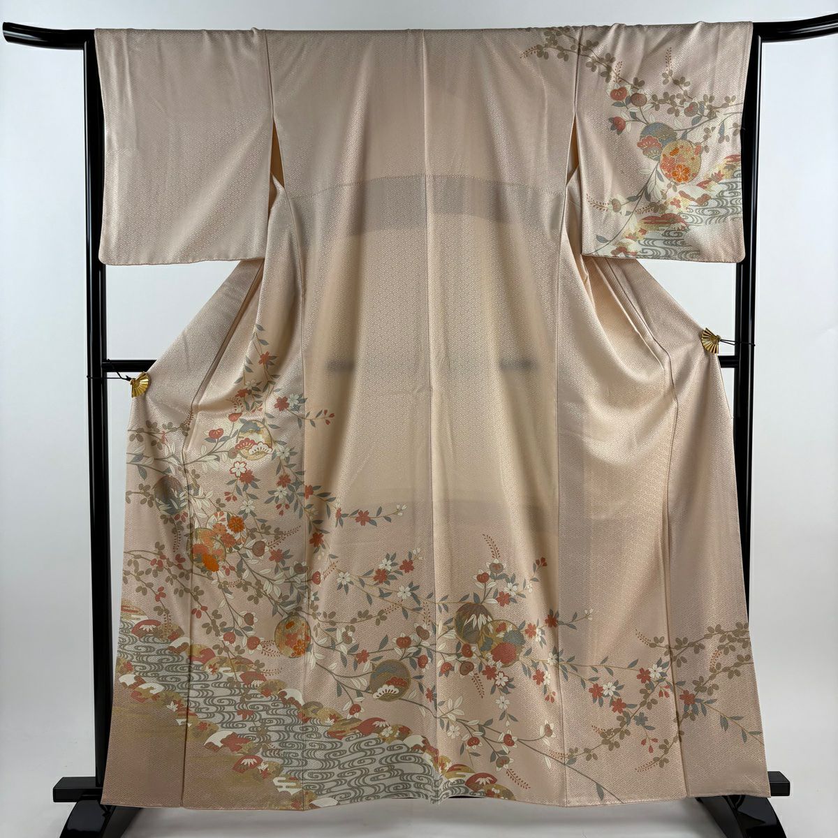 【庫存清倉】訪問服 身長161.5cm 袖長66.5cm M 雙層 草花紋紋 流水 金彩裝飾 淡粉色 純蠶絲 優品級