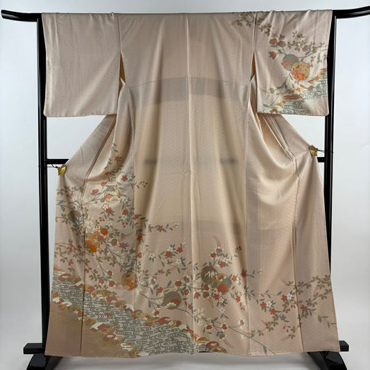 【庫存清倉】訪問服 身長161.5cm 袖長66.5cm M 雙層 草花紋紋 流水 金彩裝飾 淡粉色 純蠶絲 優品級