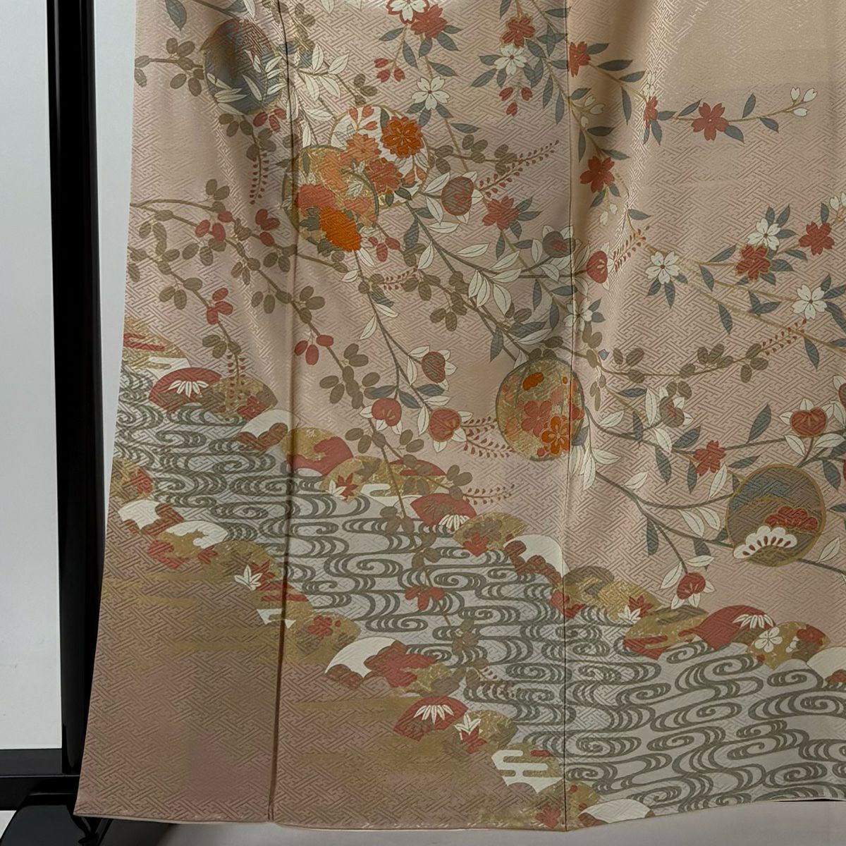【庫存清倉】訪問服 身長161.5cm 袖長66.5cm M 雙層 草花紋紋 流水 金彩裝飾 淡粉色 純蠶絲 優品級