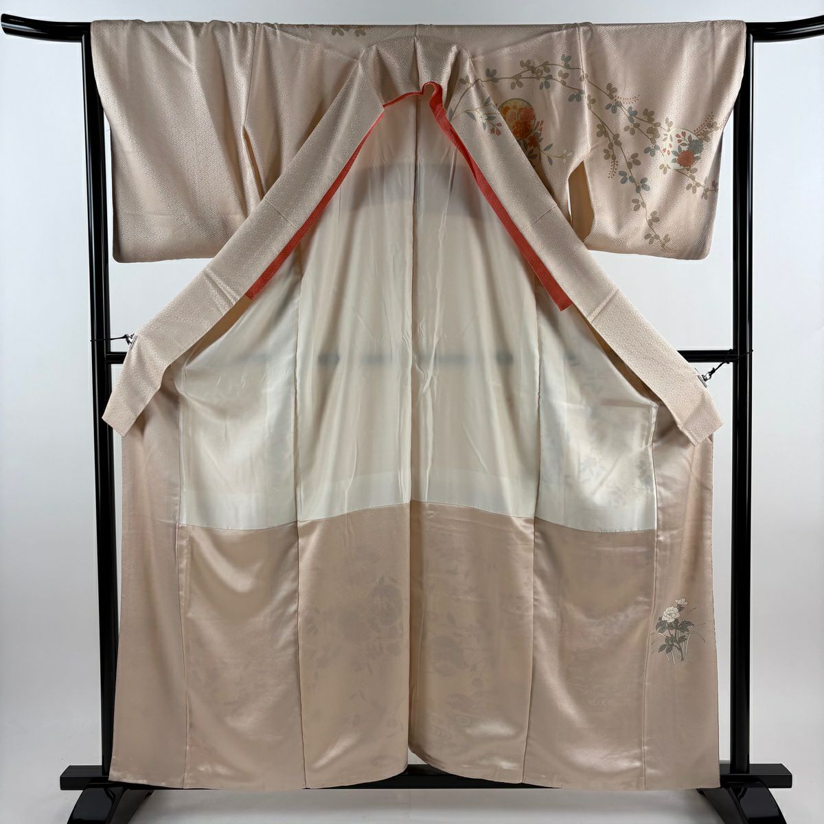 【庫存清倉】訪問服 身長161.5cm 袖長66.5cm M 雙層 草花紋紋 流水 金彩裝飾 淡粉色 純蠶絲 優品級