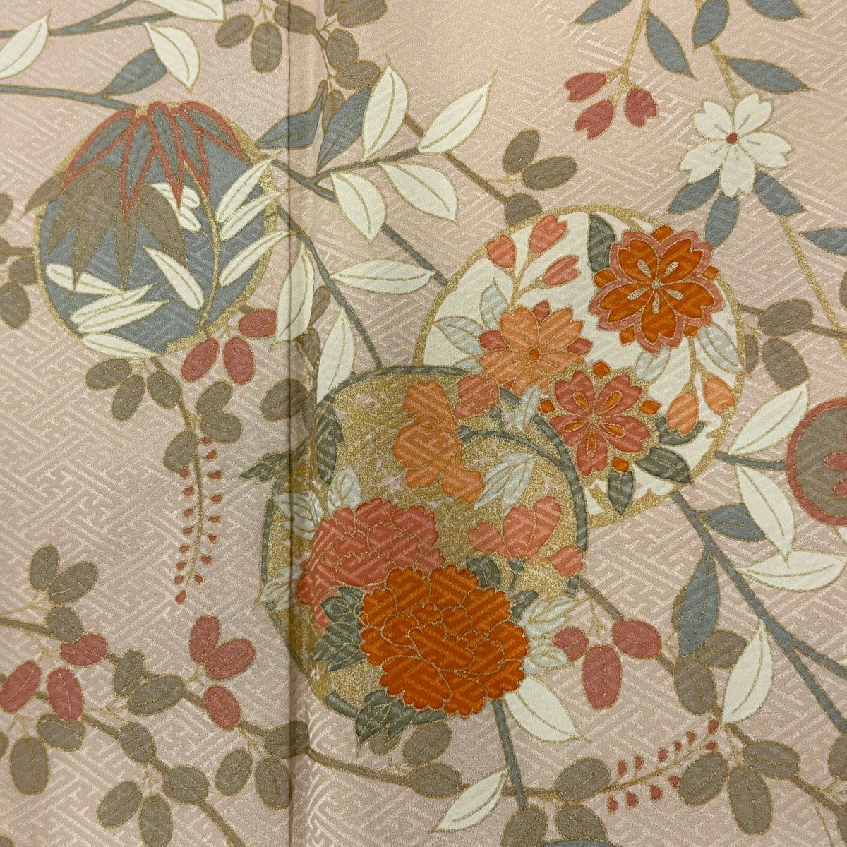 【庫存清倉】訪問服 身長161.5cm 袖長66.5cm M 雙層 草花紋紋 流水 金彩裝飾 淡粉色 純蠶絲 優品級