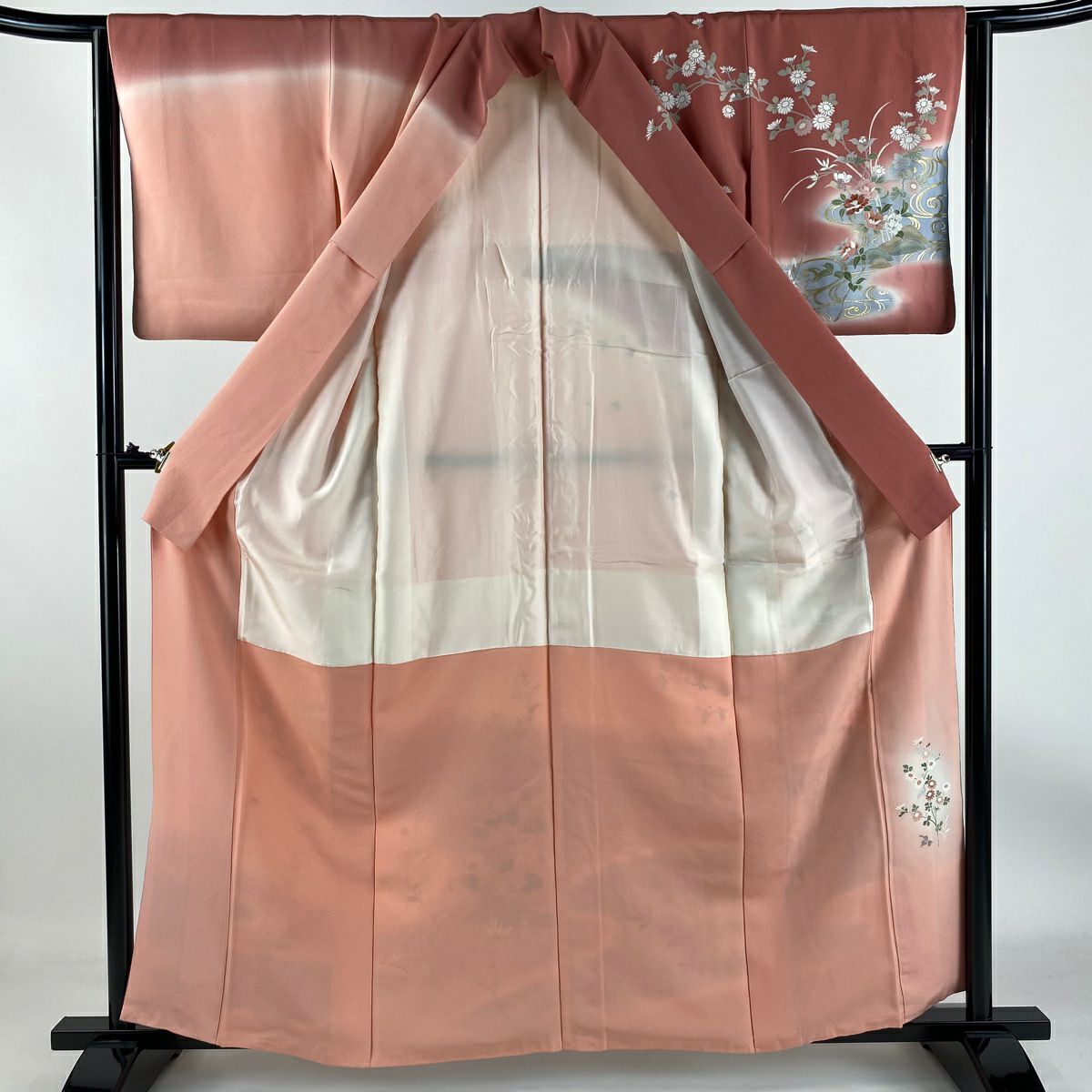 【庫存清倉】訪問服 身長160.5cm 袖長63.5cm S 雙層 落款有 貝桶 花鳥 金銀彩 漸層 粉紅 純蠶絲 優品級