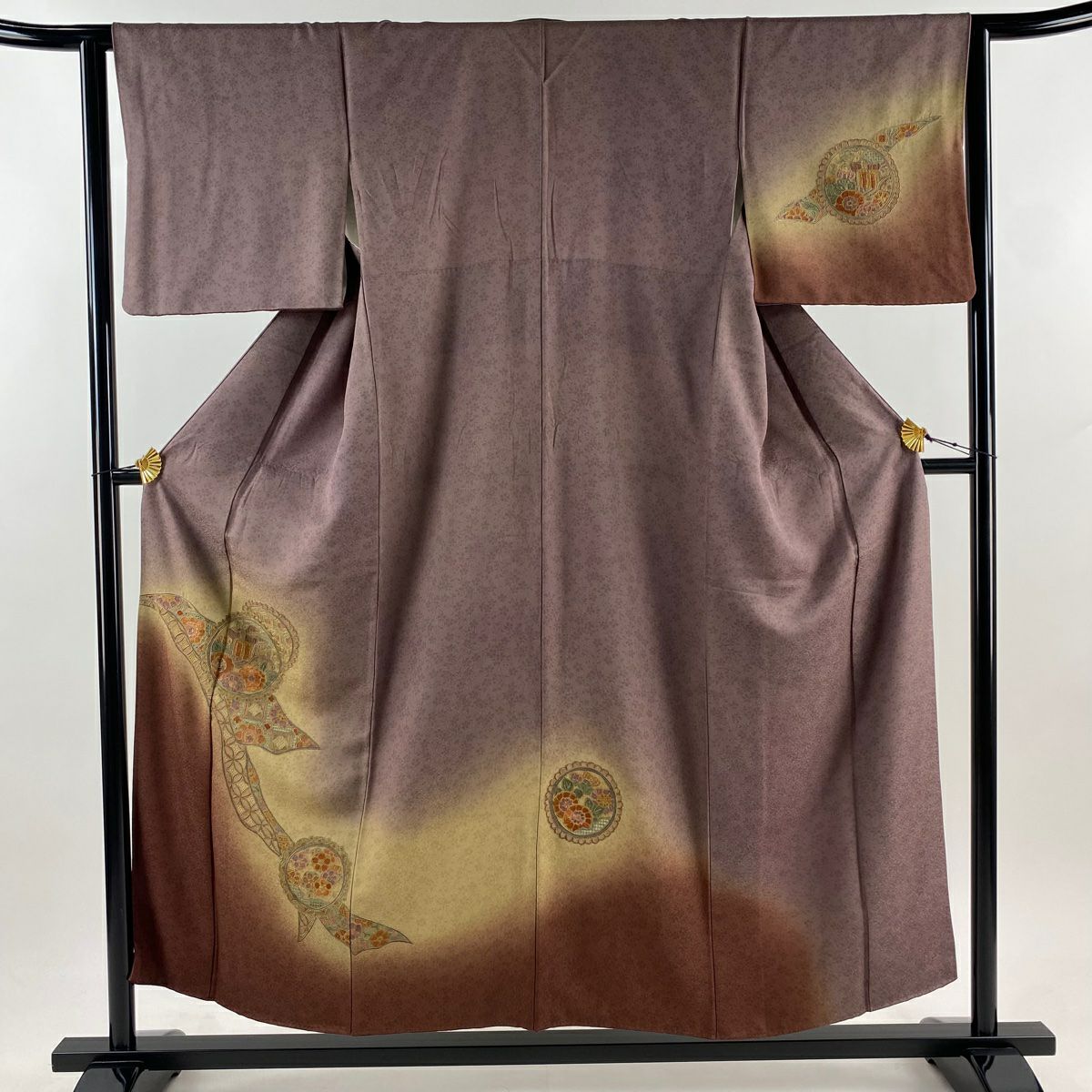 【庫存清倉】訪問服 身長153cm 袖長62.5cm S 雙層 御所車 熨斗紋刺繡 漸層茶紫 純蠶絲 優品級