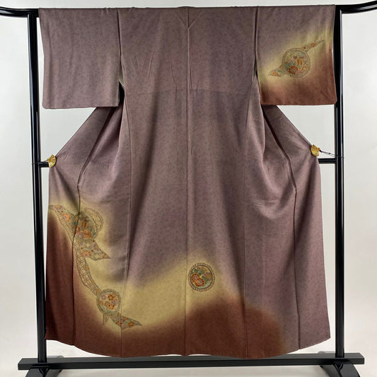 【庫存清倉】訪問服 身長153cm 袖長62.5cm S 雙層 御所車 熨斗紋刺繡 漸層茶紫 純蠶絲 優品級