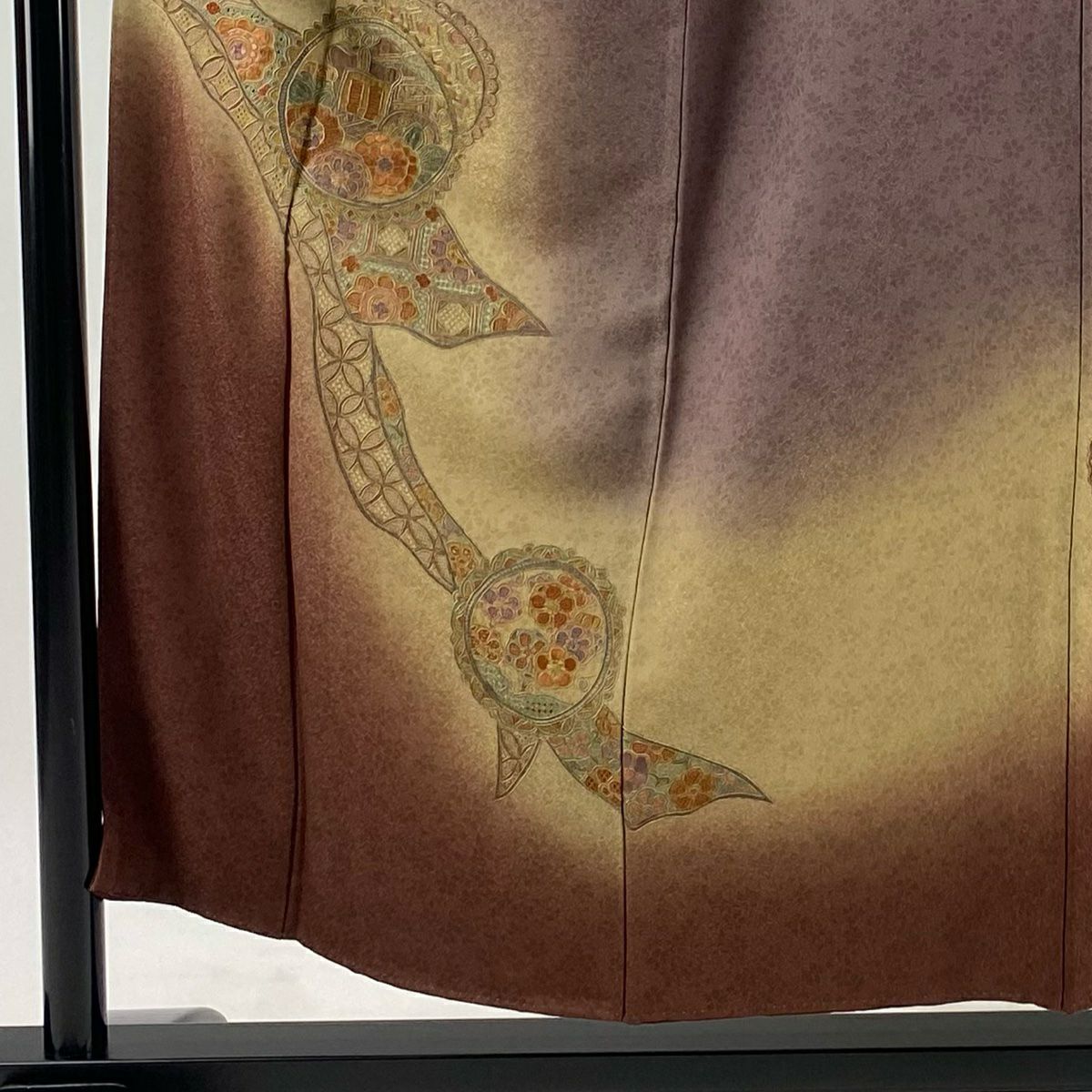 【庫存清倉】訪問服 身長153cm 袖長62.5cm S 雙層 御所車 熨斗紋刺繡 漸層茶紫 純蠶絲 優品級