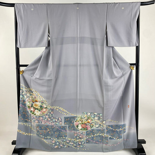 色留袖禮服 身長168cm 袖長66cm M 雙層 落款あり 鴛鴦 草花紋紋 漸層 薄紫 純蠶絲 名品級