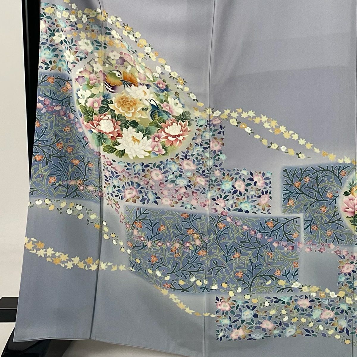 色留袖禮服 身長168cm 袖長66cm M 雙層 落款あり 鴛鴦 草花紋紋 漸層 薄紫 純蠶絲 名品級