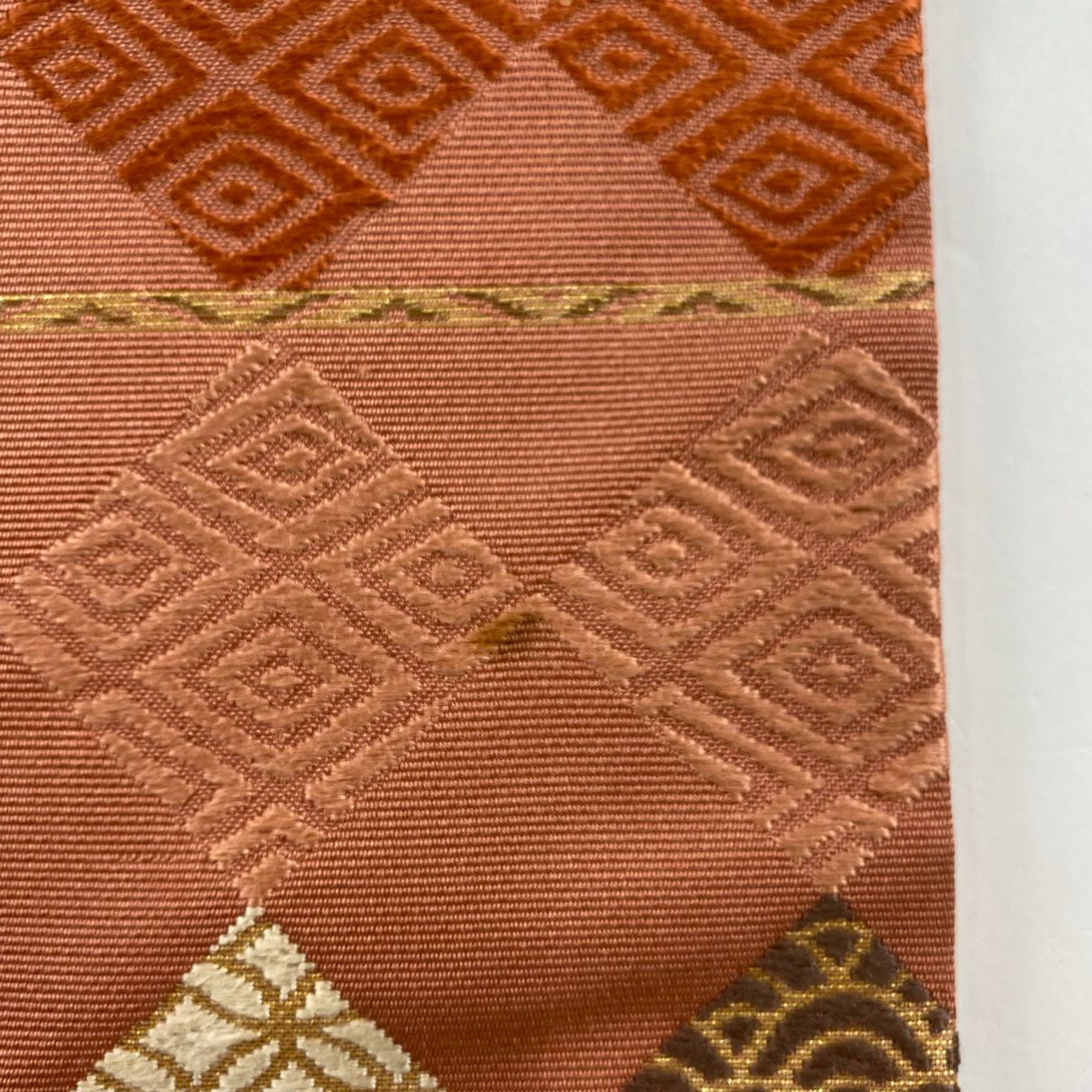 【庫存清倉】 名古屋帶 優品級 菱形 青海波 刺繡 金金箔 粉色 純蠶絲