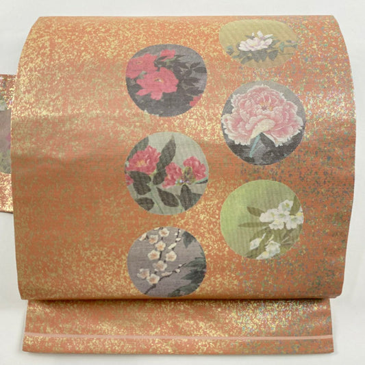 【清倉特賣】 名古屋帶 優品級 草花紋 圓紋 螺鈿金金箔 金金箔 粉紅 純蠶絲