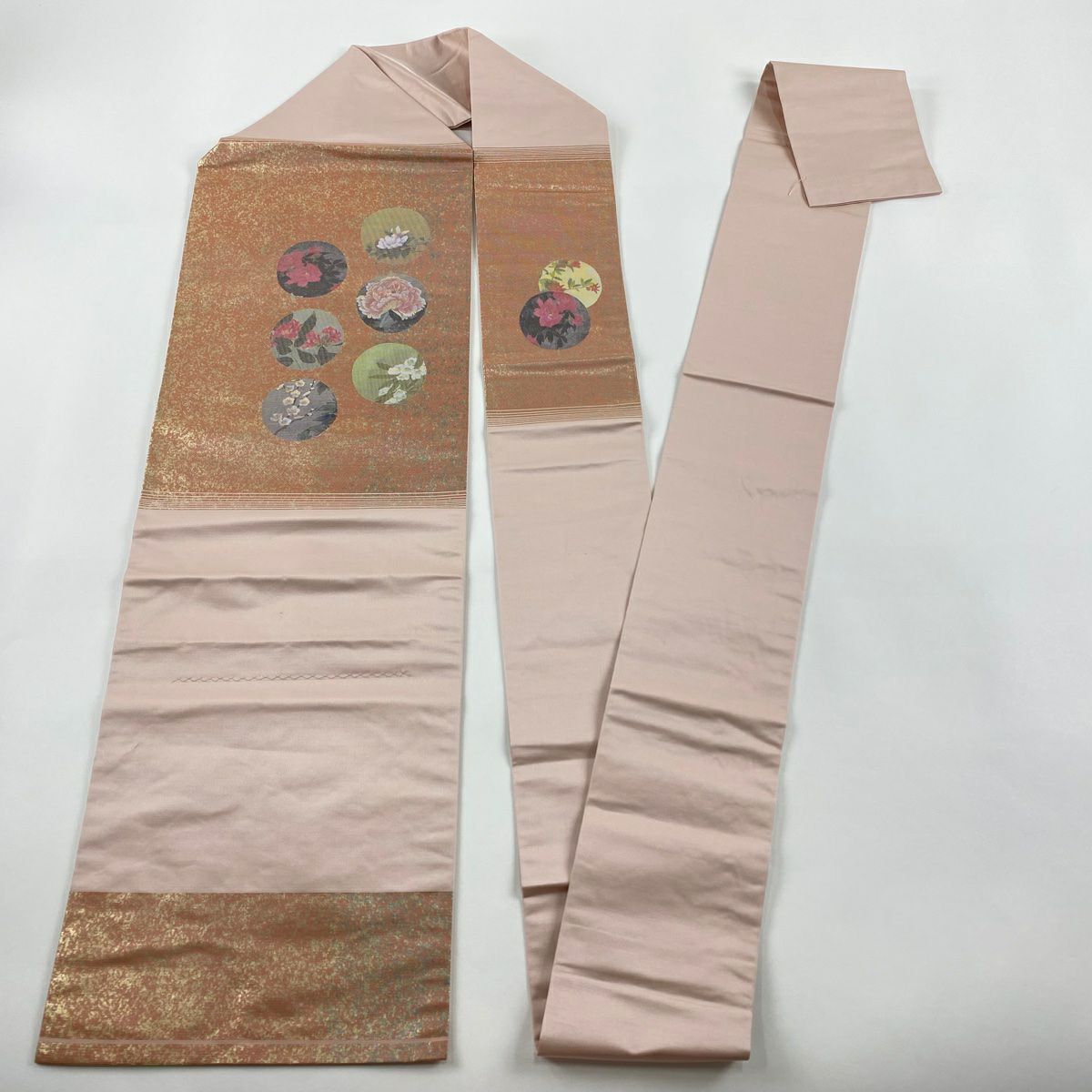 【清倉特賣】 名古屋帶 優品級 草花紋 圓紋 螺鈿金金箔 金金箔 粉紅 純蠶絲