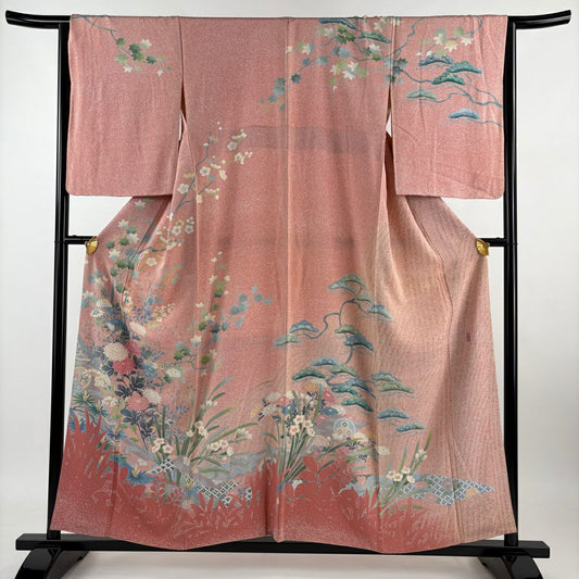 【清倉特賣】訪問服 身長156cm 袖長65cm M 雙層 附落款 菊花花 枝梅花 粉紅色 純蠶絲 優品級