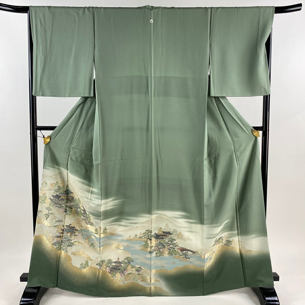 【美品】留袖禮服禮服 身長164cm 袖長66cm M 雙層 一つ紋 風景 建物 金糸 灰綠 純蠶絲 秀品級