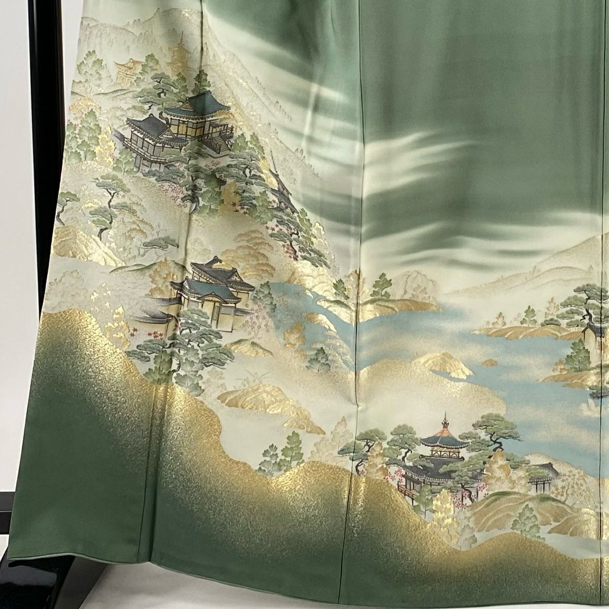 【美品】留袖禮服禮服 身長164cm 袖長66cm M 雙層 一つ紋 風景 建物 金糸 灰綠 純蠶絲 秀品級