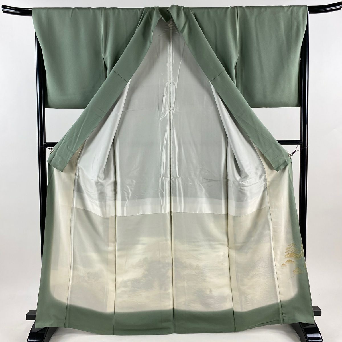 【美品】留袖禮服禮服 身長164cm 袖長66cm M 雙層 一つ紋 風景 建物 金糸 灰綠 純蠶絲 秀品級