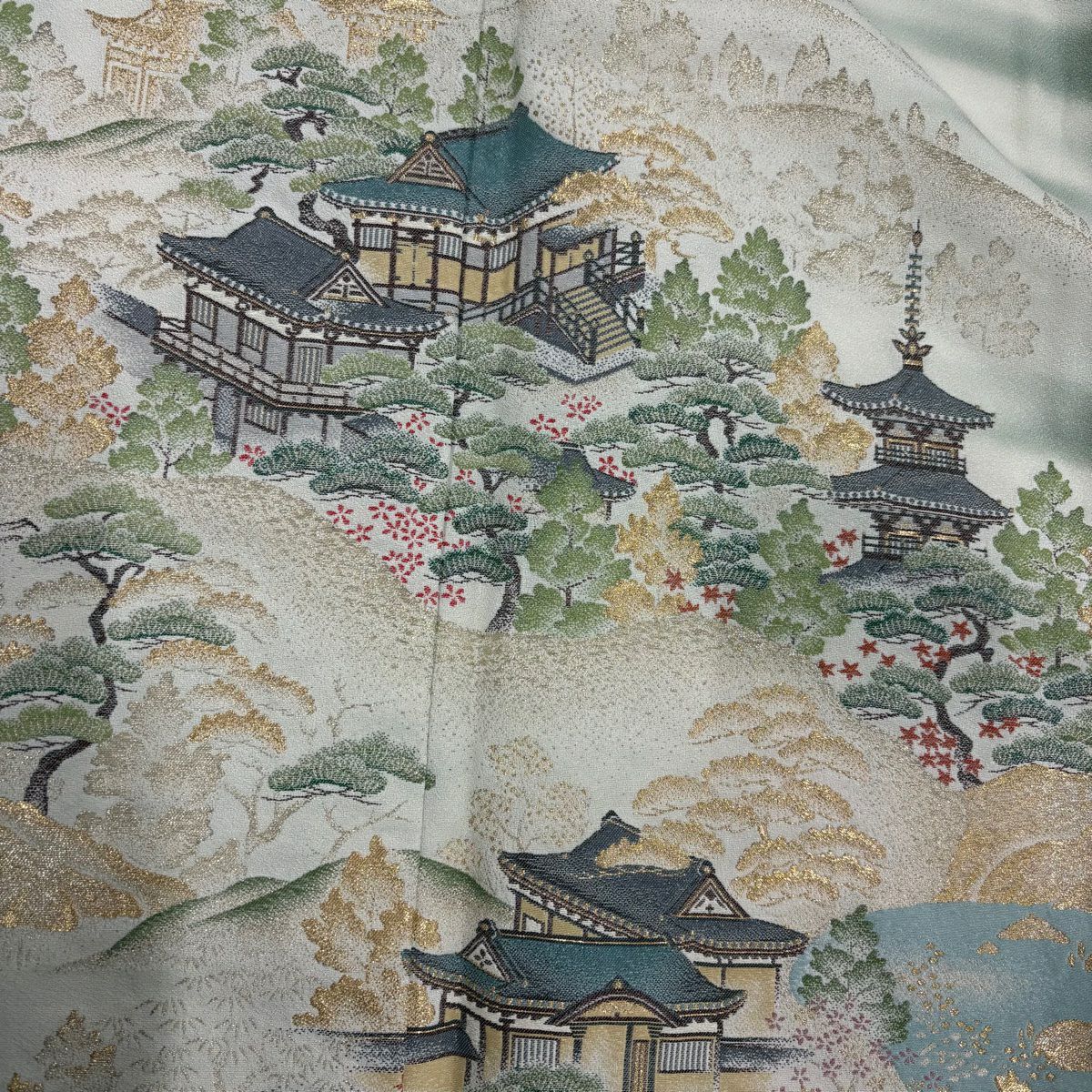 【美品】留袖禮服禮服 身長164cm 袖長66cm M 雙層 一つ紋 風景 建物 金糸 灰綠 純蠶絲 秀品級