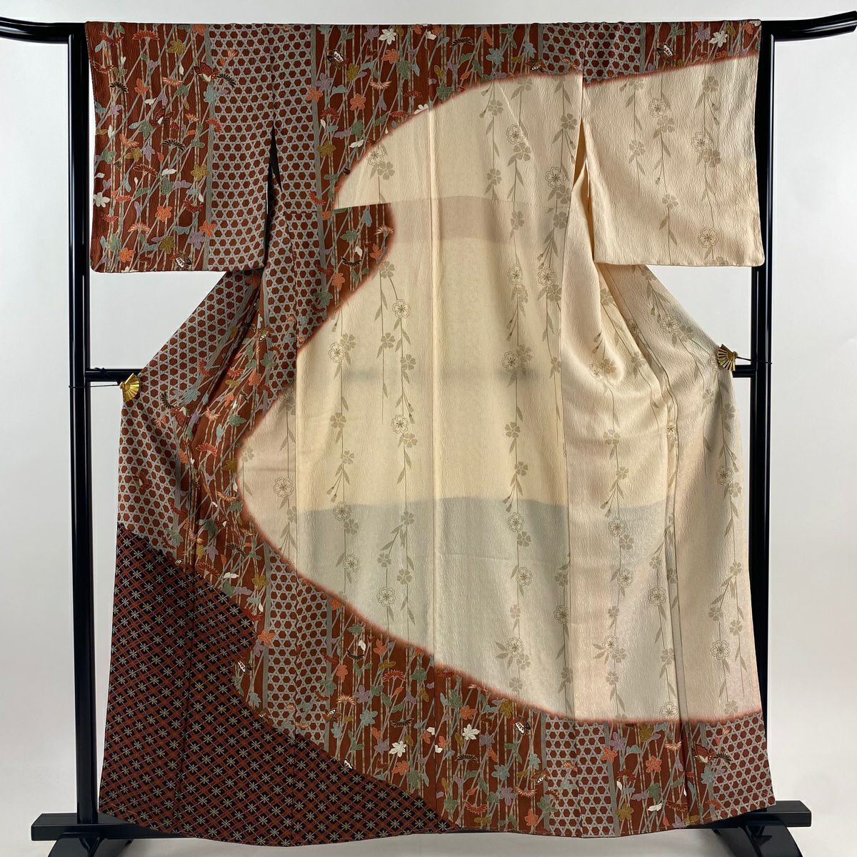 【庫存清倉】訪問服 身長159cm 袖長65cm M 雙層 草花紋紋 蝴蝶 金彩裝飾 漸層 紅茶 純蠶絲 優品級